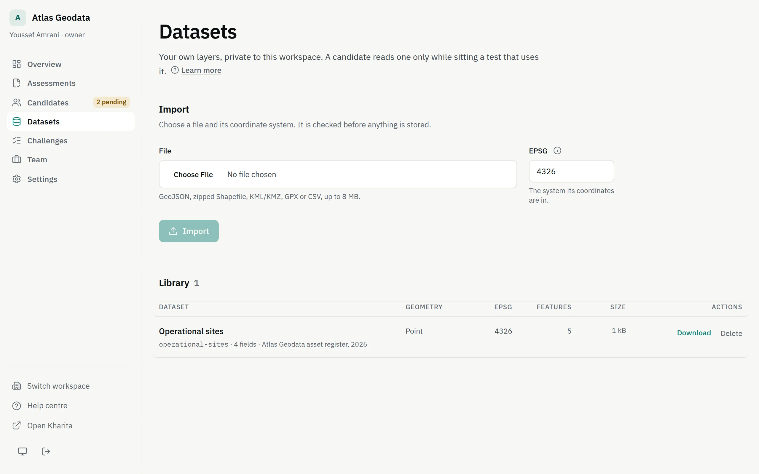 The Datasets page: the import form and the library of imported datasets with their geometry, EPSG, features and size.