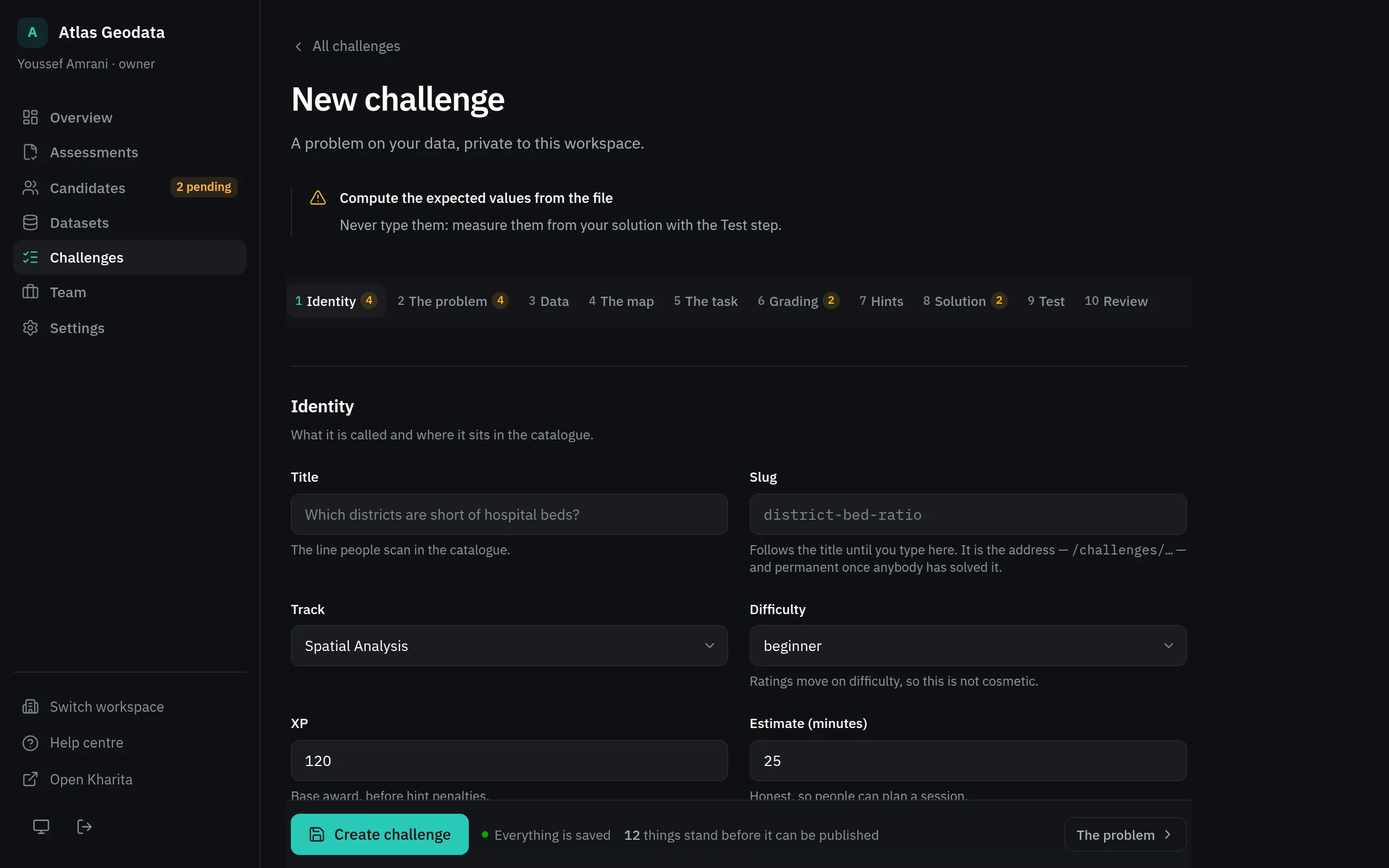The challenge editor, with its steps from Identity to Review down the side and the current step's form.