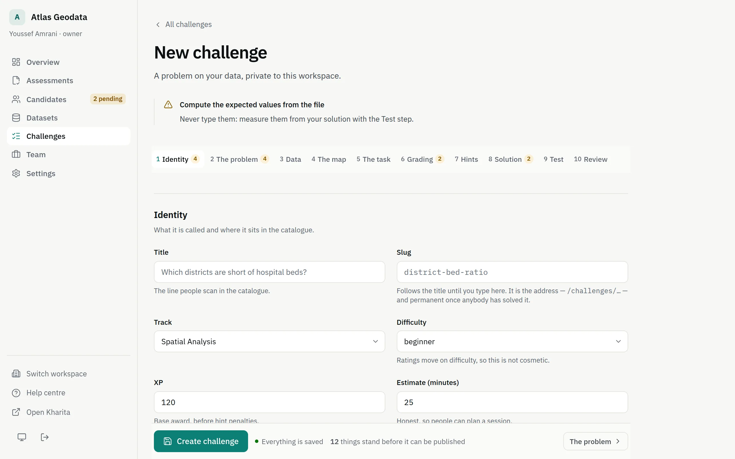 The challenge editor, with its steps from Identity to Review down the side and the current step's form.