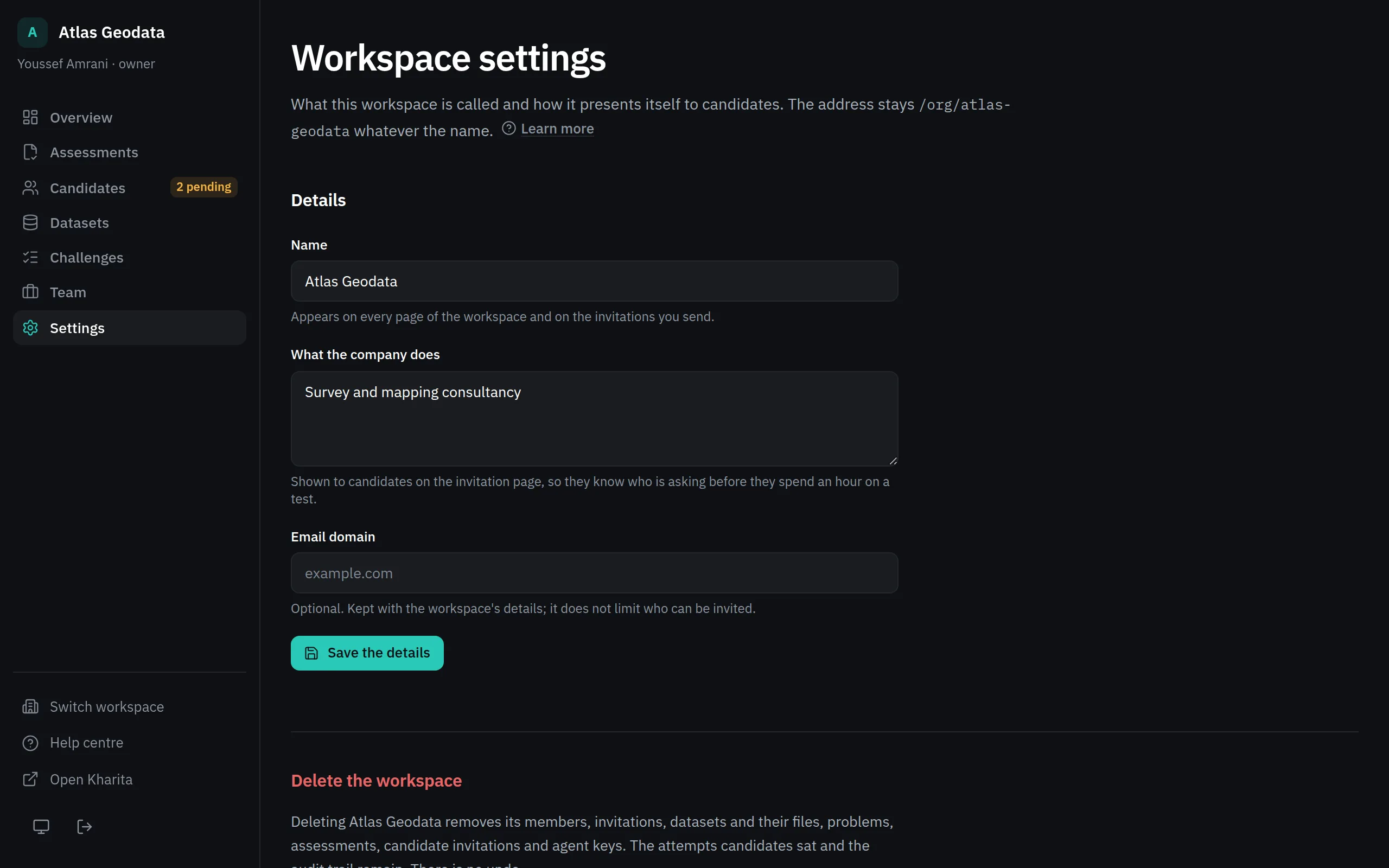 Workspace settings: the form with the workspace's details and, below it, deleting the workspace.