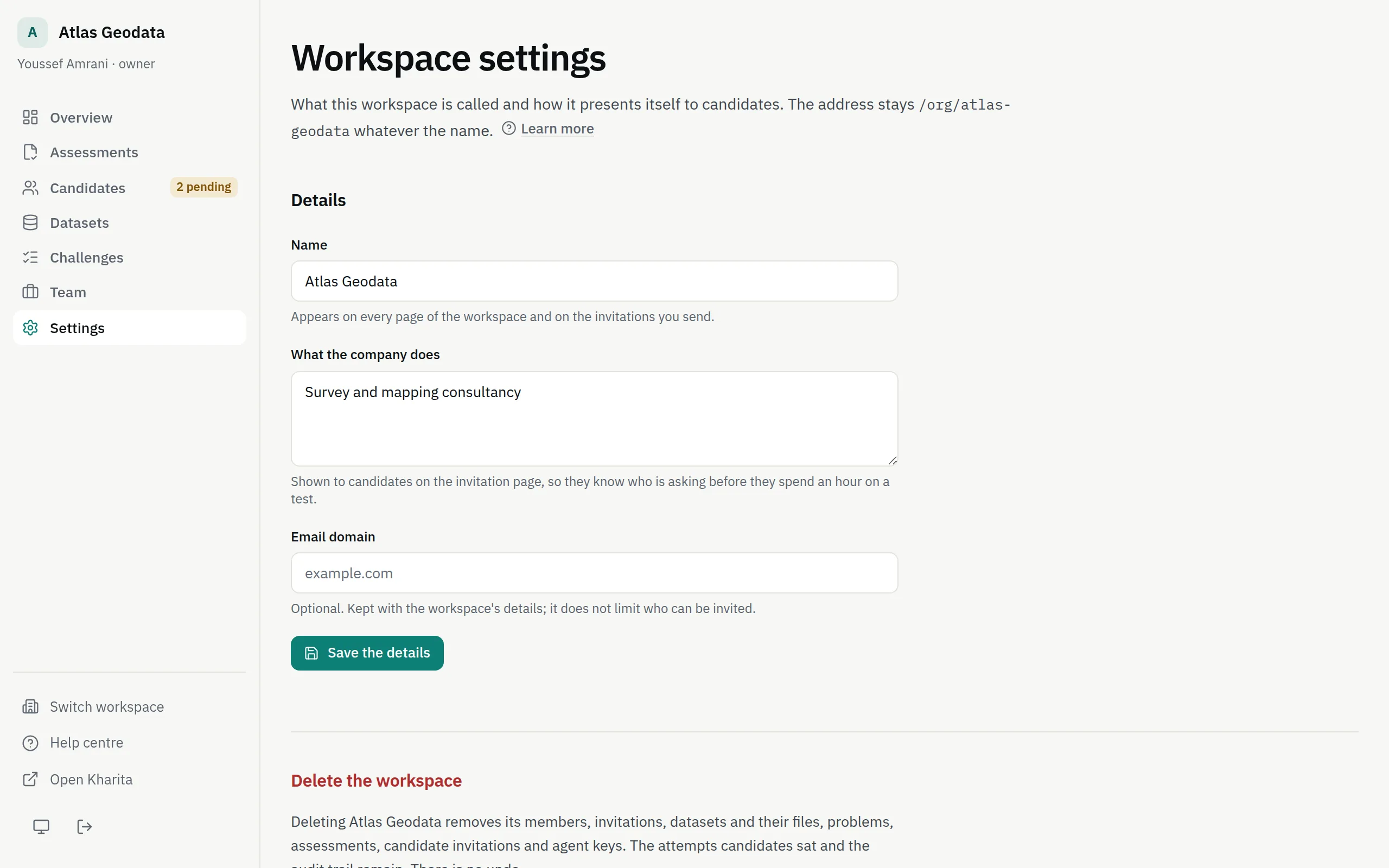 Workspace settings: the form with the workspace's details and, below it, deleting the workspace.
