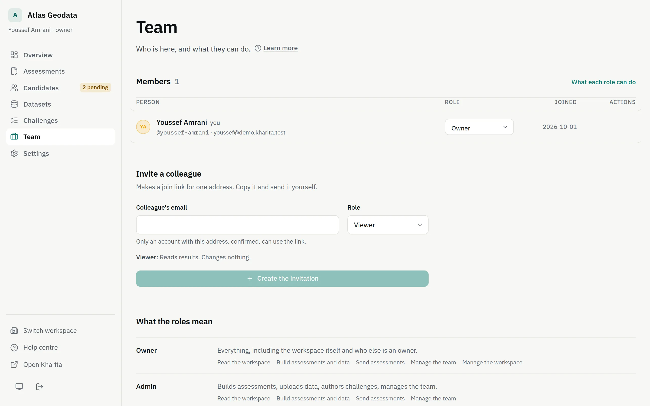 The Team page: the members with their roles, invitations not yet used, and the form to invite a colleague.